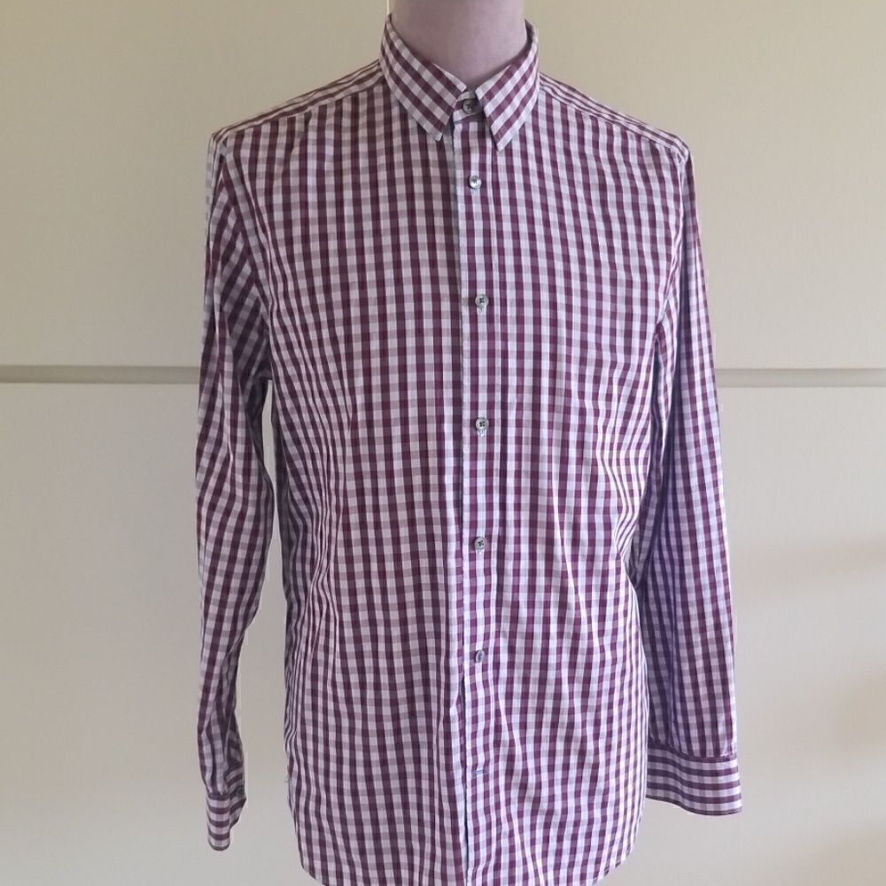 Gap Men's Dress Shirt, Burg/Pale Blue Check, L